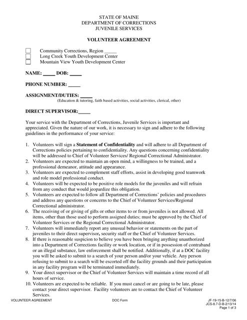 Volunteer Agreement - Maine Download Pdf