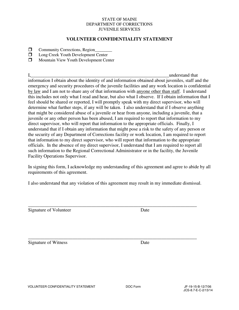 Volunteer Confidentiality Statement - Maine, Page 1