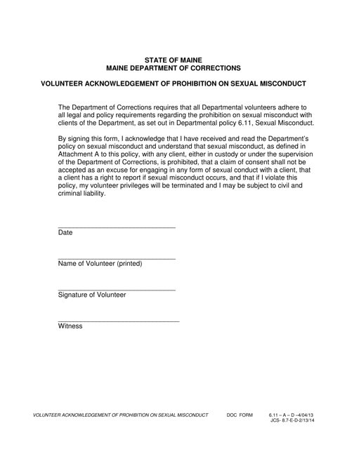 Volunteer Acknowledgement of Prohibition on Sexual Misconduct - Maine Download Pdf