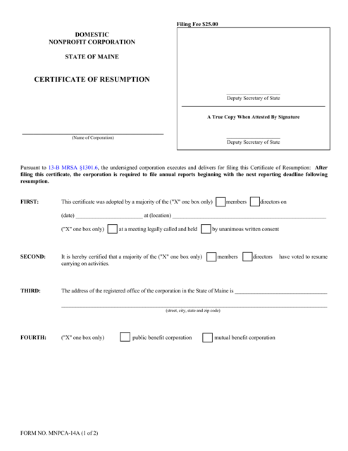 Form MNPCA-14A  Printable Pdf