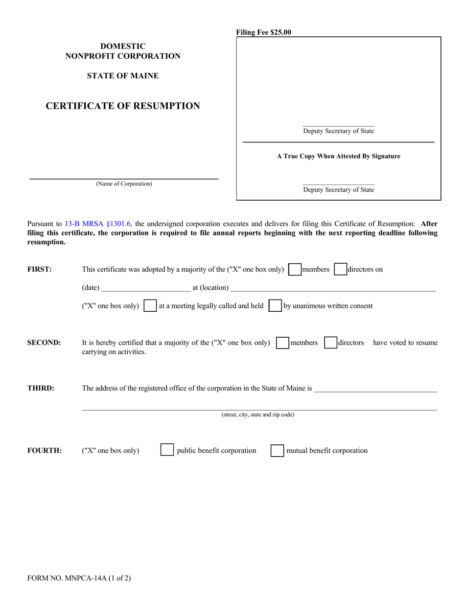 Form MNPCA-14A Certificate of Resumption - Maine, Page 1