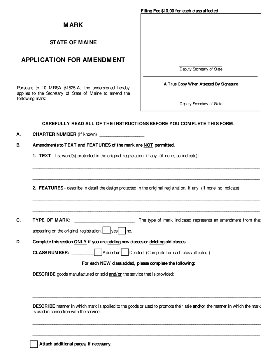 Form MARK-3 Application for Amendment of the Classification of a Mark - Maine, Page 1