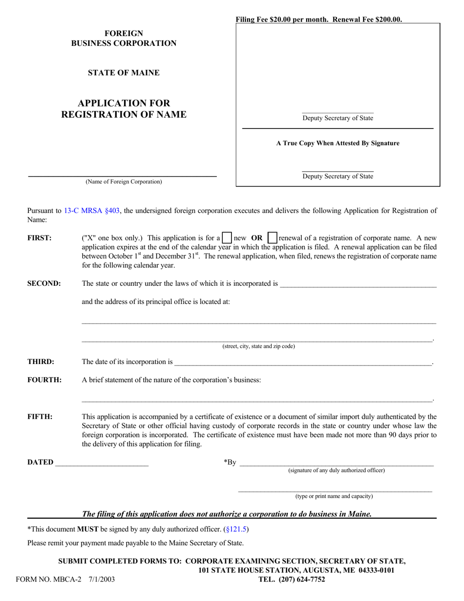 Form MBCA-2 Application for Registration of Name - Maine, Page 1