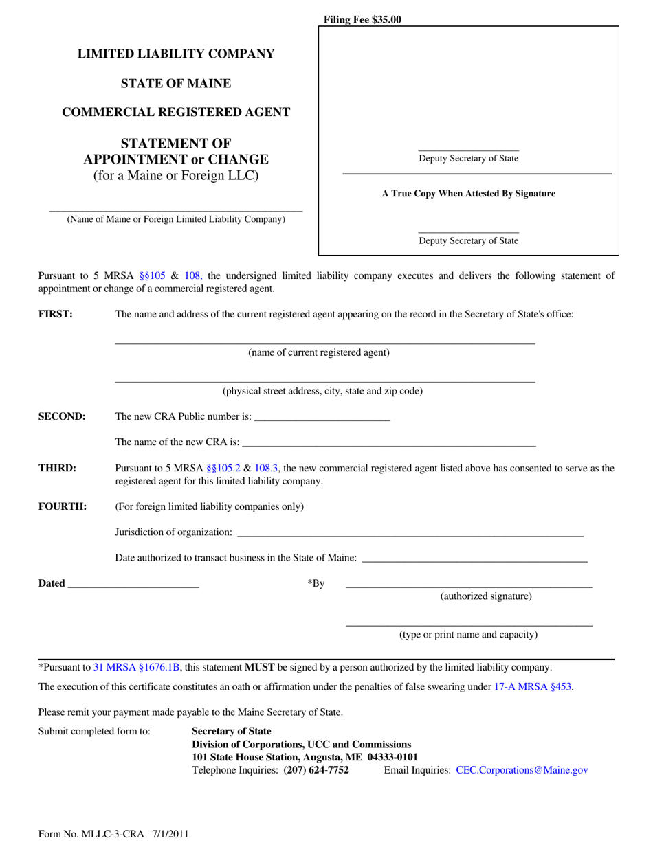 Form MLLC 3 CRA Download Fillable PDF Or Fill Online Statement Of Appointment Or Change For A