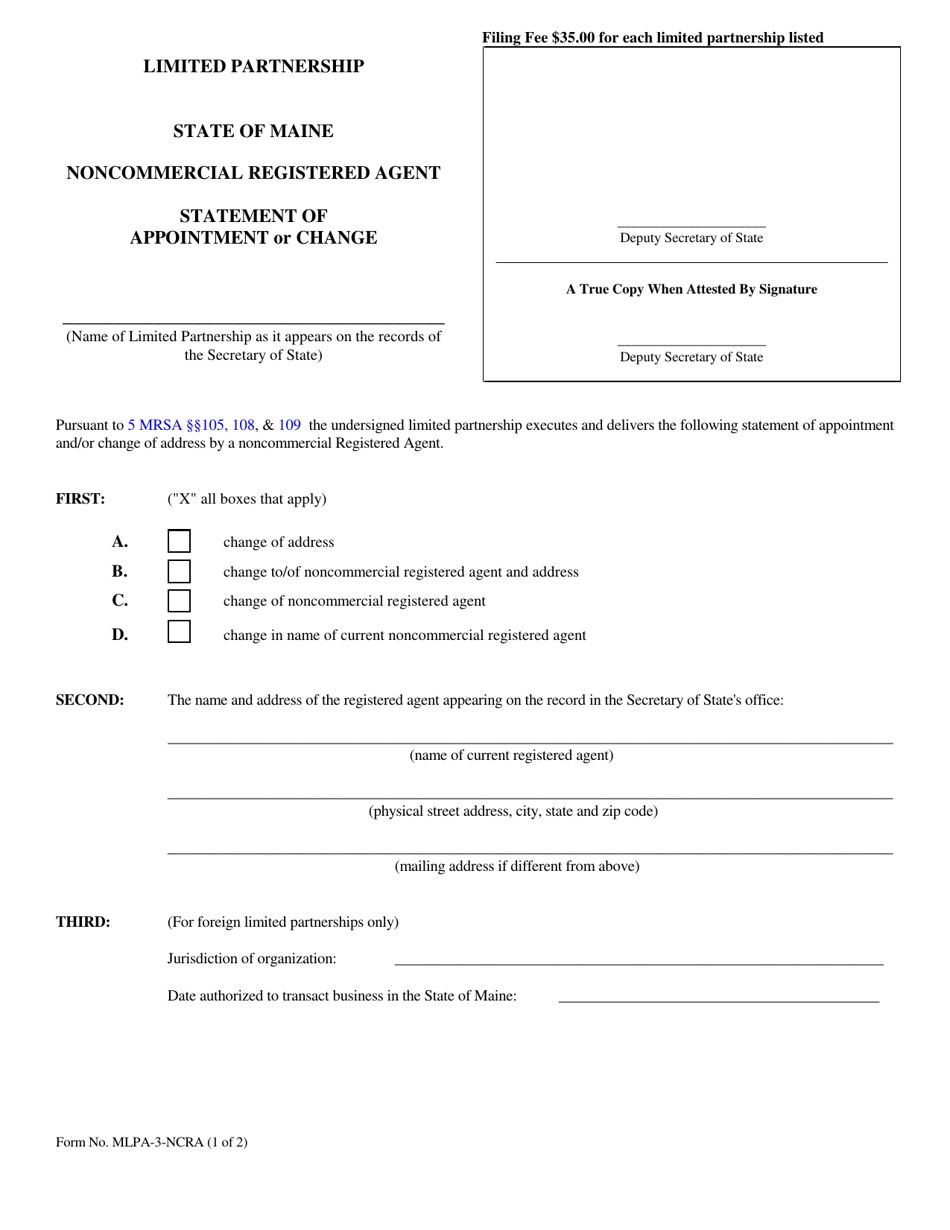 Form MLPA-3-NCRA Statement of Appointment or Change of Noncommercial Agent - Maine, Page 1