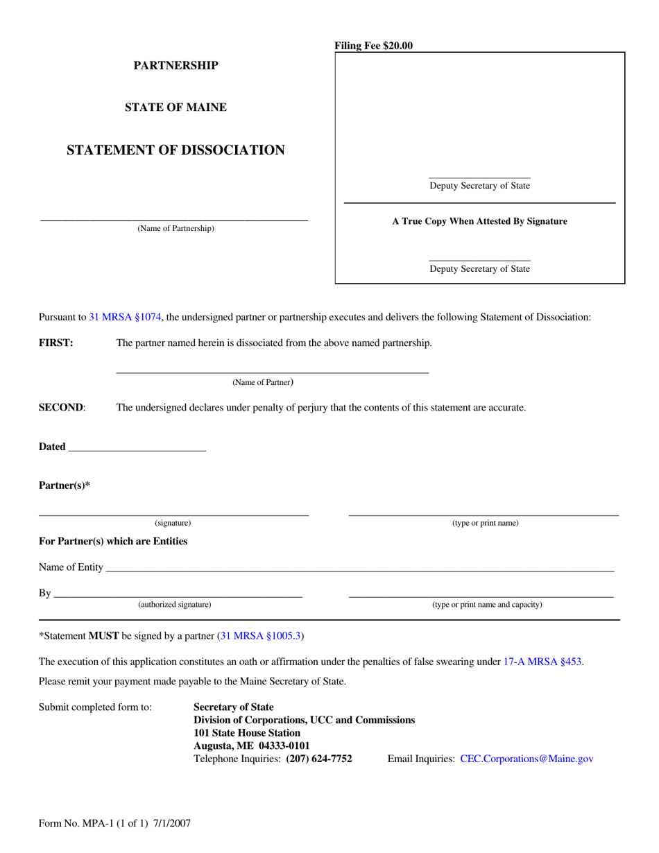 Form MPA-1 Statement of Dissociation - Maine, Page 1