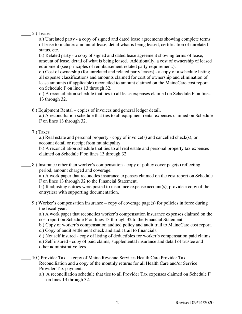 Mainecare Cost Report Checklist - Nursing Homes - Maine, Page 2