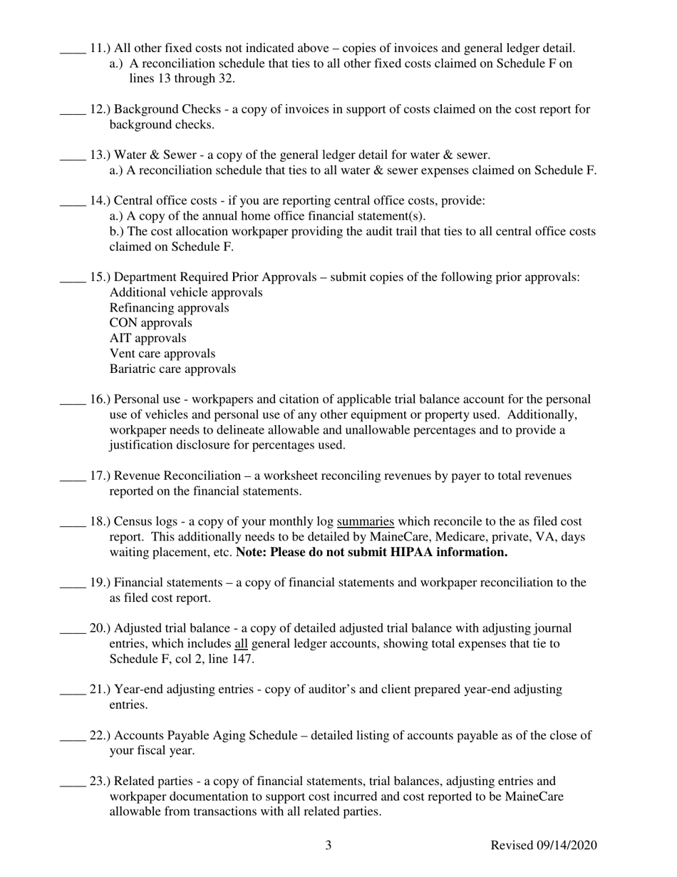Mainecare Cost Report Checklist - Nursing Homes - Maine, Page 3
