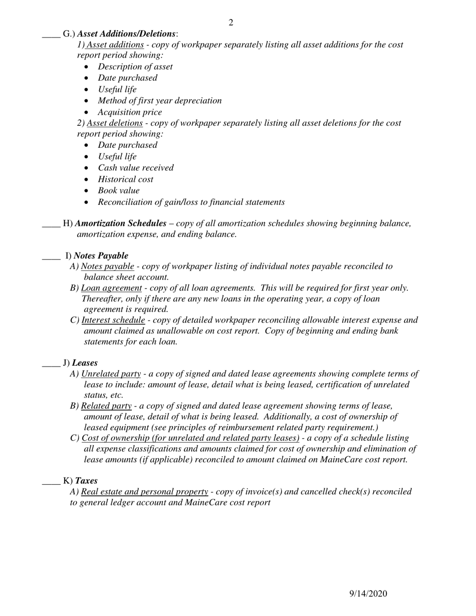 Mainecare Cost Report Checklist - Residential Care Facilities - Maine, Page 2