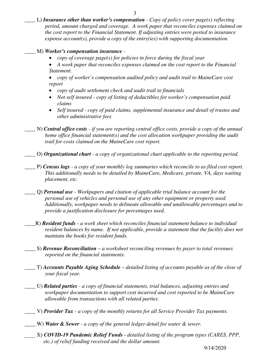 Mainecare Cost Report Checklist - Residential Care Facilities - Maine, Page 3