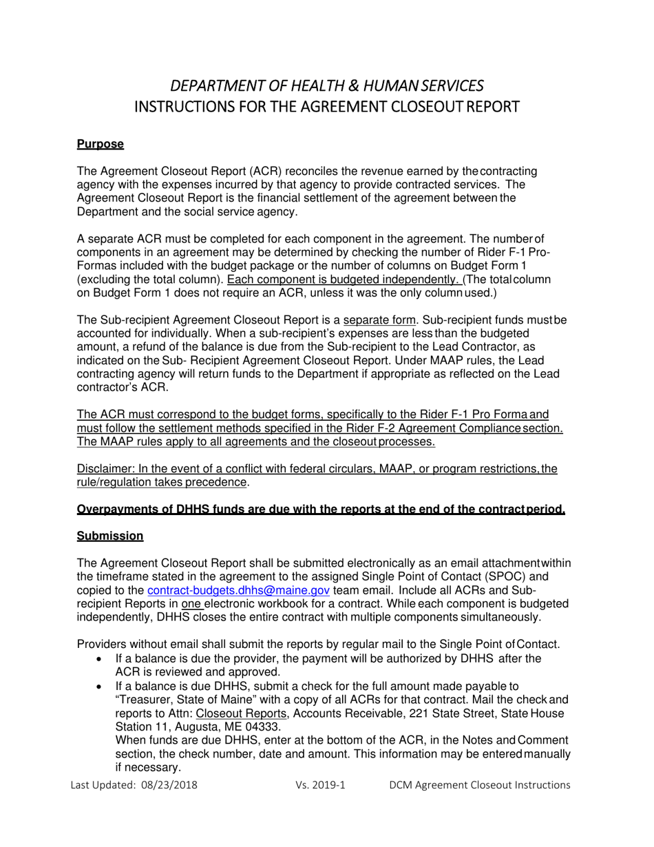 Instructions for Agreement Closeout Report - Cost Settled - Maine, Page 1