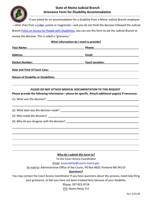 Grievance Form for Disability Accommodation - Maine Download Pdf