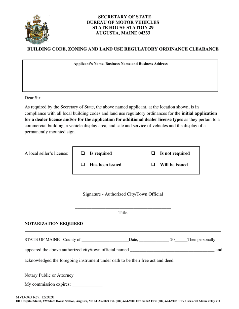 Form MVD-363 Building Code, Zoning and Land Use Regulatory Ordinance Clearance - Maine, Page 1