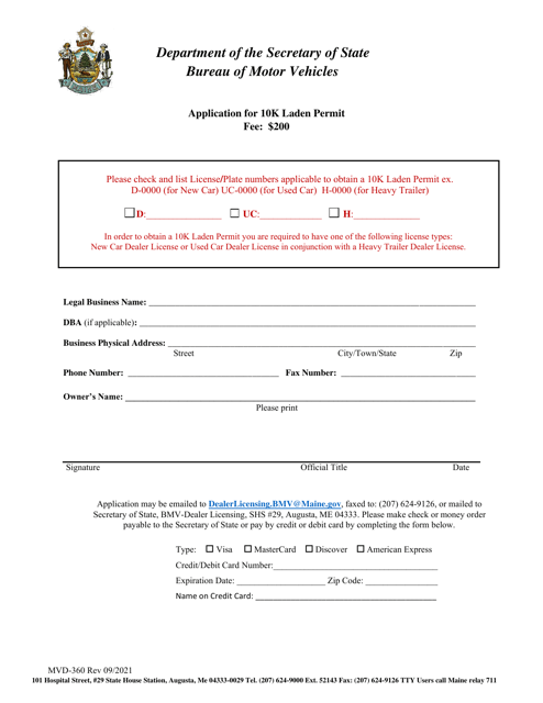 Form MVD-360 Application for 10k Laden Permit - Maine