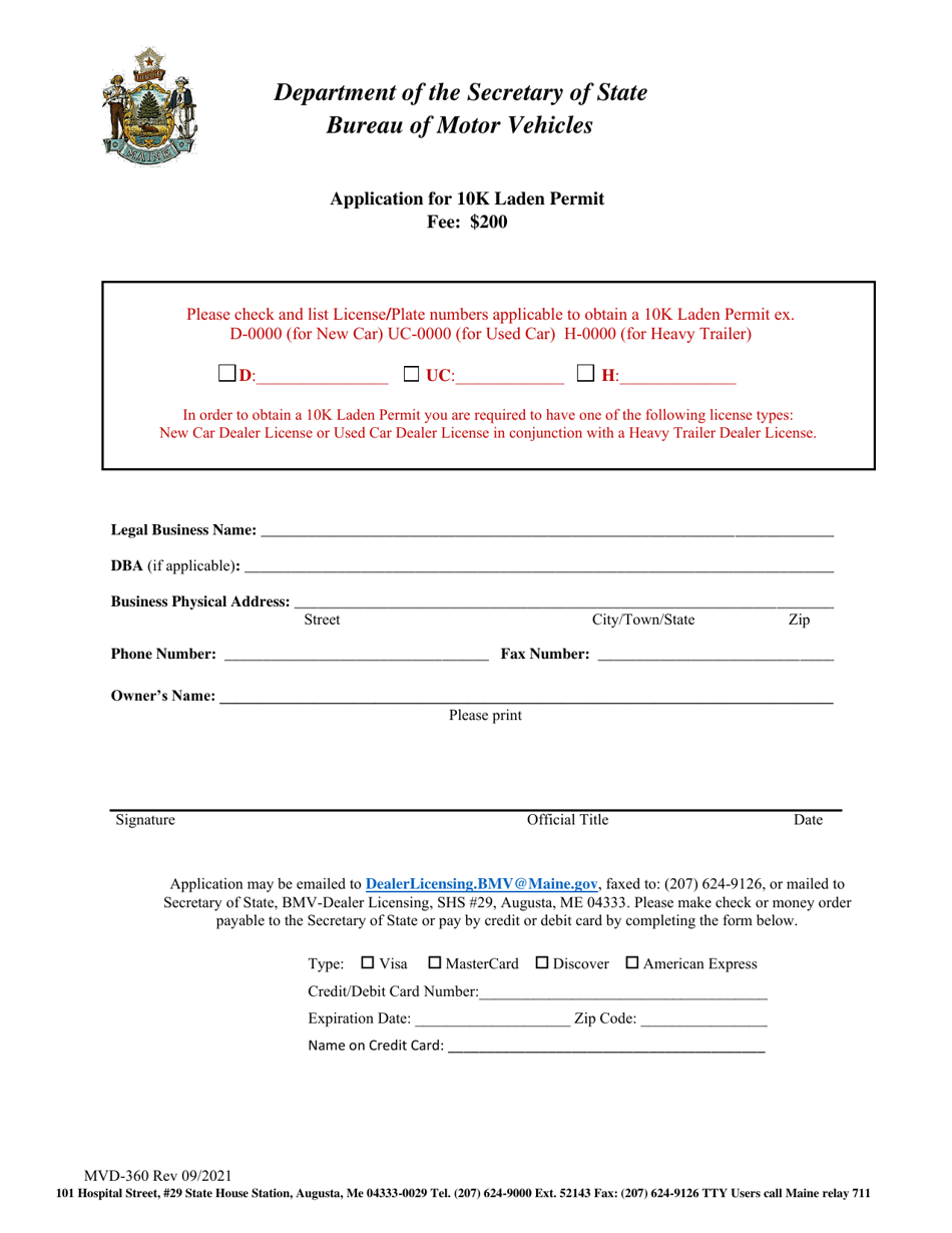 Form MVD-360 Application for 10k Laden Permit - Maine, Page 1