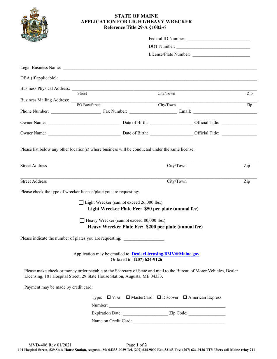 Form MVD-406 Application for Light / Heavy Wrecker - Maine, Page 1