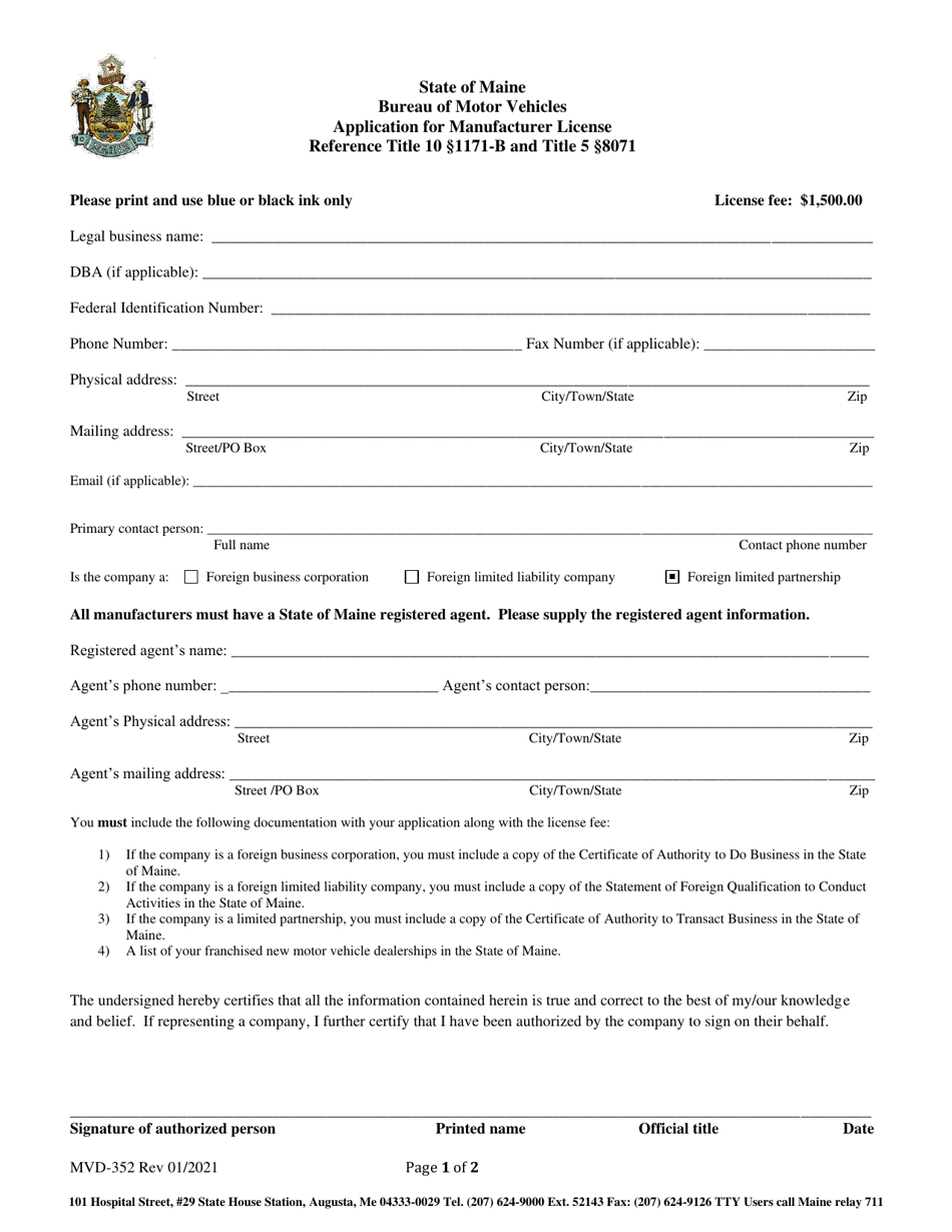 Form MVD-352 Application for Manufacturer License - Maine, Page 1