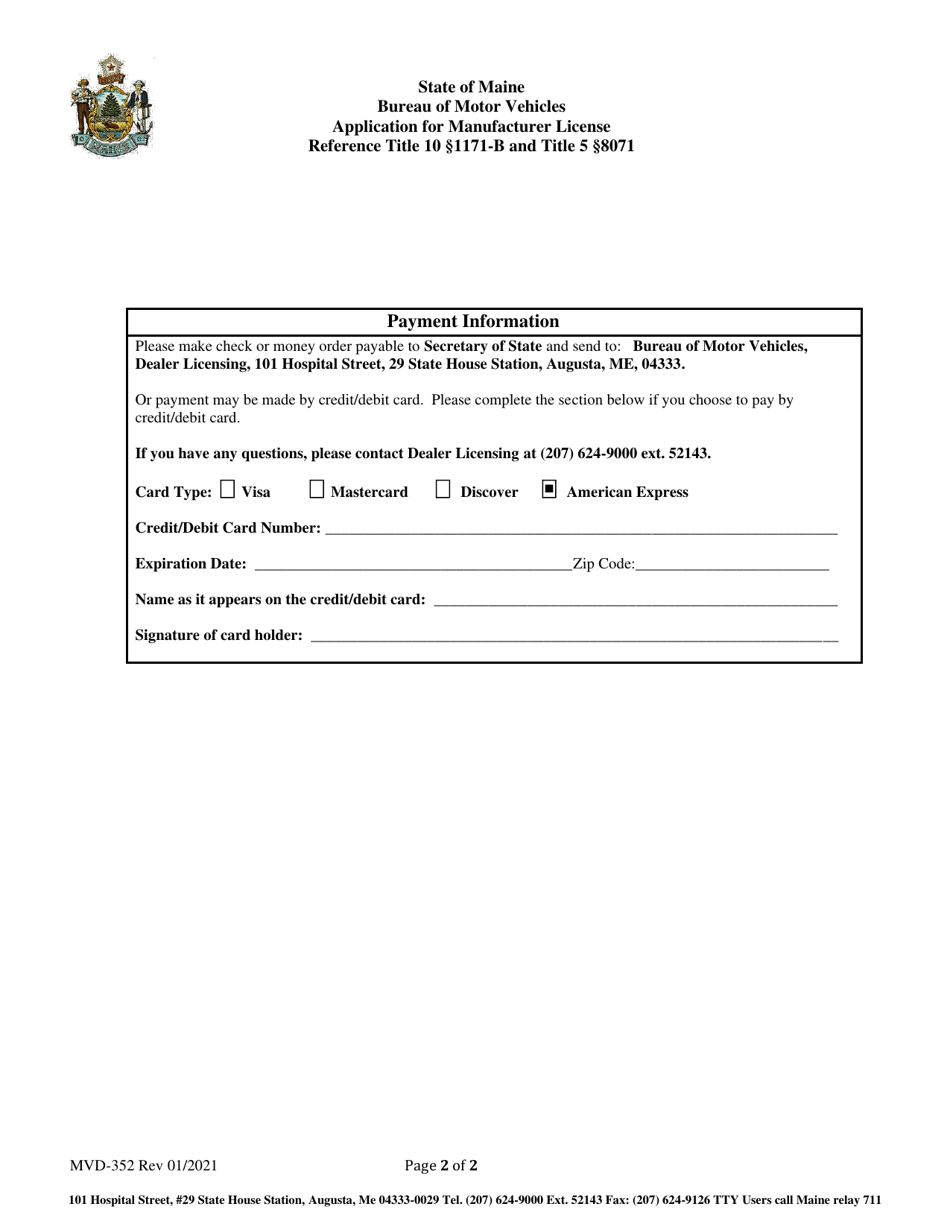 Form MVD-352 Application for Manufacturer License - Maine, Page 2
