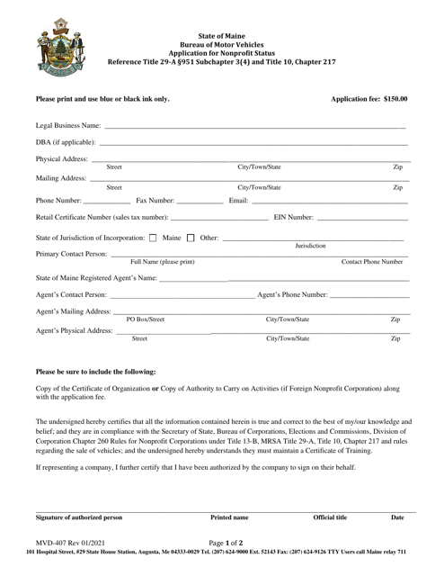 Form MVD-407 Application for Nonprofit Status - Maine