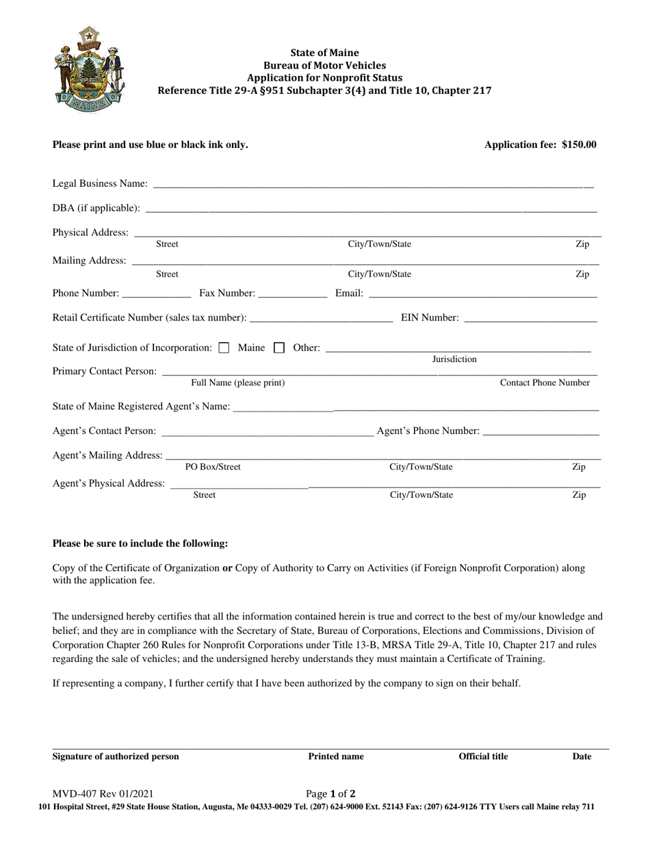 Form MVD-407 Application for Nonprofit Status - Maine, Page 1