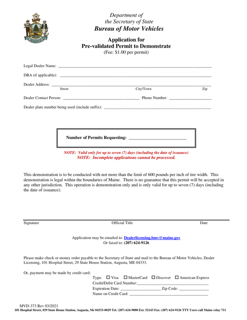 Form MVD-373 Application for Pre-validated Permit to Demonstrate - Maine