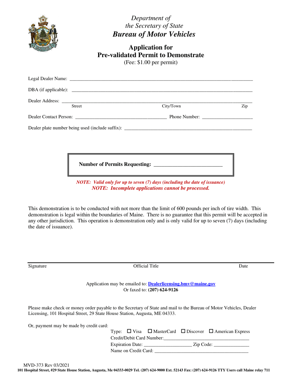 Form MVD-373 Application for Pre-validated Permit to Demonstrate - Maine, Page 1