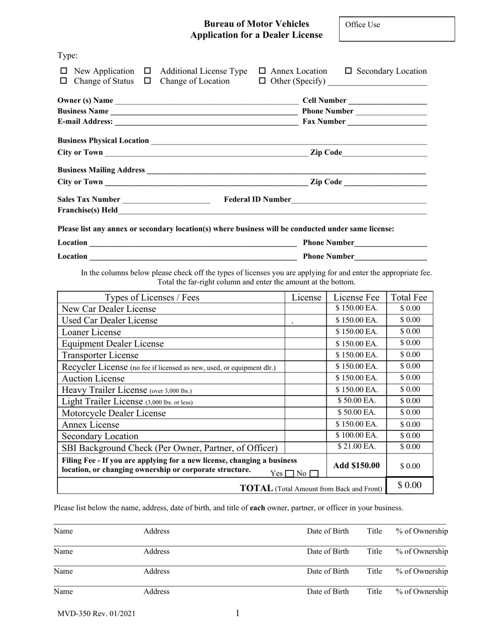 Form MVD-350 Application for a Dealer License - Maine, Page 1
