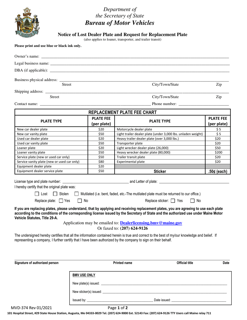 Form MVD-374 Notice of Lost Dealer Plate and Request for Replacement Plate - Maine, Page 1