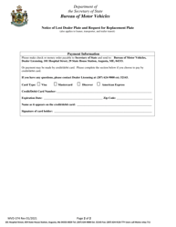 Form MVD-374 Notice of Lost Dealer Plate and Request for Replacement Plate - Maine, Page 2
