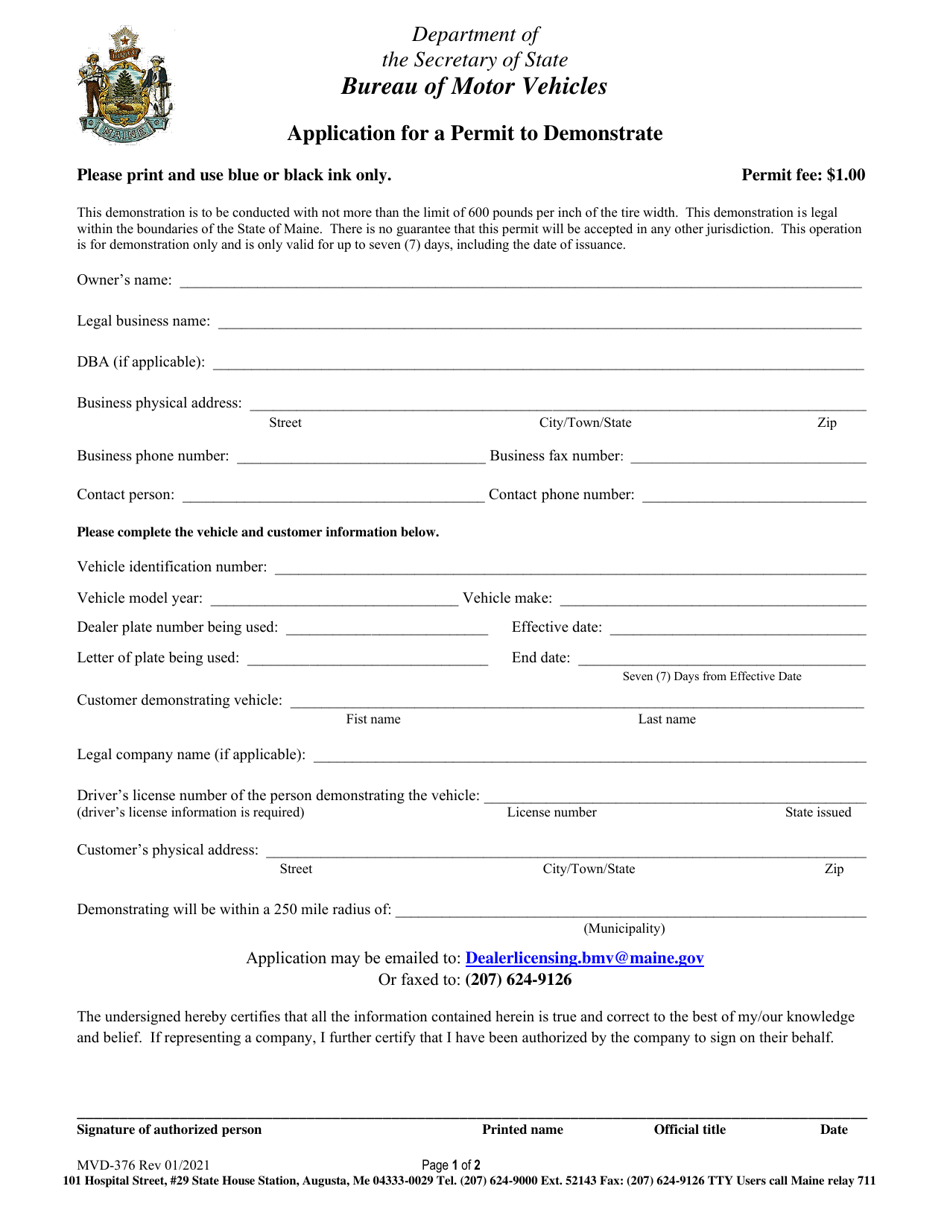 Form MVD-376 Application for a Permit to Demonstrate - Maine, Page 1