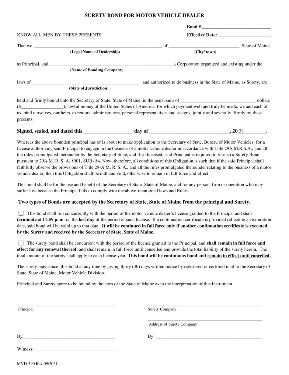 Form MVD-390 Surety Bond for Motor Vehicle Dealer - Maine, Page 1