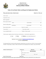 Document preview: Form MVD-375 Notice of Lost Dealer Sticker and Request for Replacement Sticker - Maine