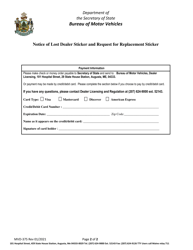 Form MVD-375 Notice of Lost Dealer Sticker and Request for Replacement Sticker - Maine, Page 2
