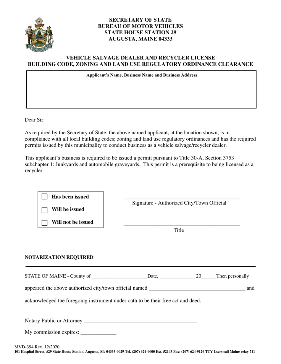 Form MVD-394 Vehicle Salvage Dealer and Recycler License Building Code, Zoning and Land Use Regulatory Ordinance Clearance - Maine, Page 1