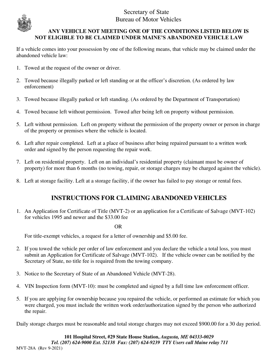 Instructions for Form MVT-28 Notice to the Secretary of State of an Abandoned Vehicle - Maine, Page 1