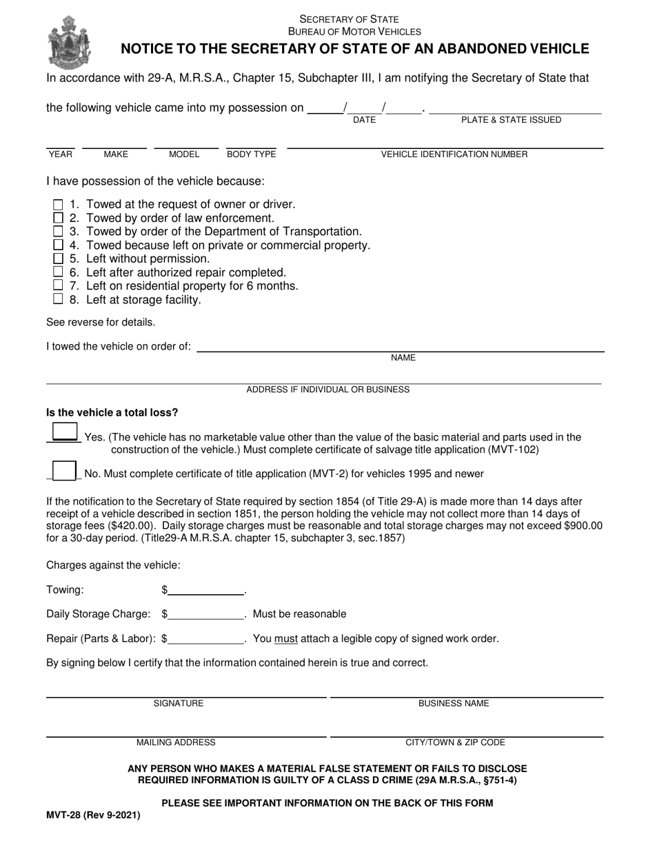 Form MVT-28 Notice to the Secretary of State of an Abandoned Vehicle - Maine, Page 1