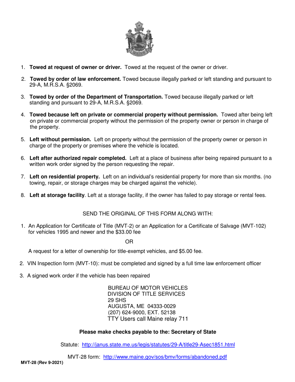 Form MVT-28 Notice to the Secretary of State of an Abandoned Vehicle - Maine, Page 2