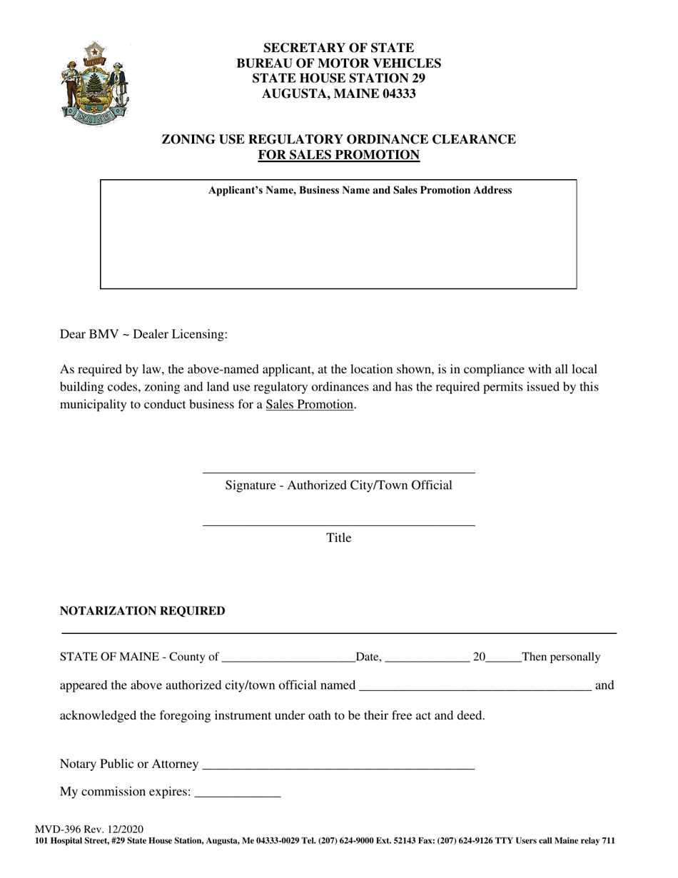 Form MVD-396 Zoning Use Regulatory Ordinance Clearance for Sales Promotion - Maine, Page 1
