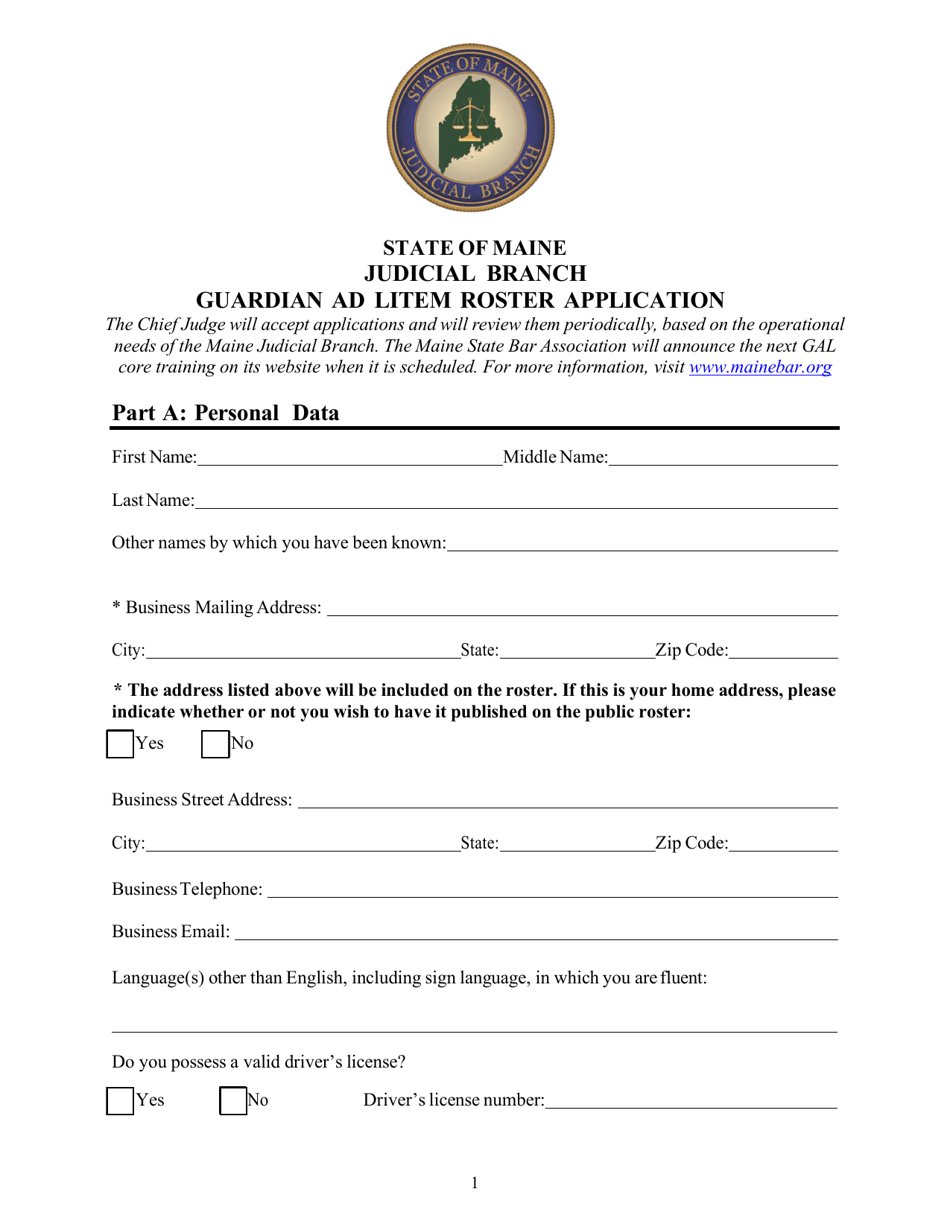 Maine Guardian Ad Litem Roster Application Download Fillable PDF