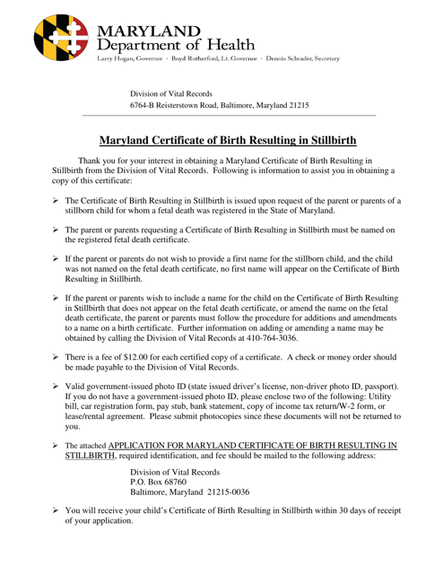 Application for the Maryland Certificate of Birth Resulting in Stillbirth - Maryland Download Pdf