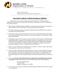 Application for the Maryland Certificate of Birth Resulting in Stillbirth - Maryland