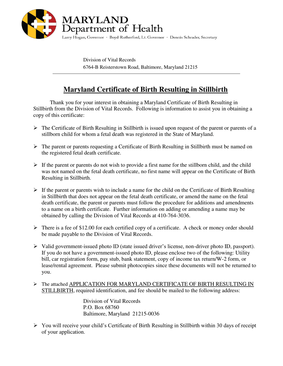 Application for the Maryland Certificate of Birth Resulting in Stillbirth - Maryland, Page 1