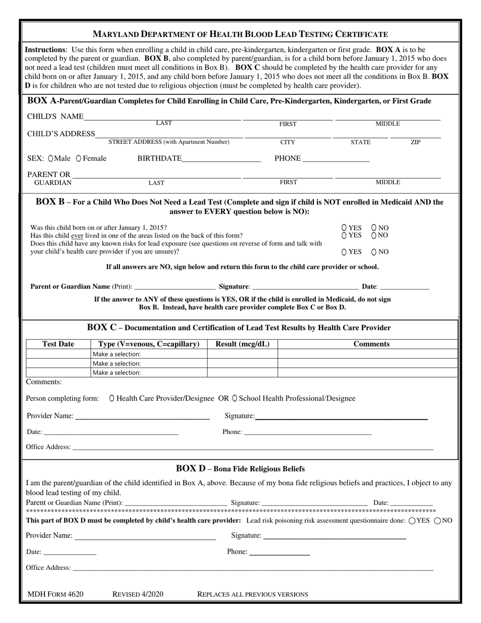 MDH Form 4620 Maryland Blood Lead Testing Certificate - Maryland, Page 1