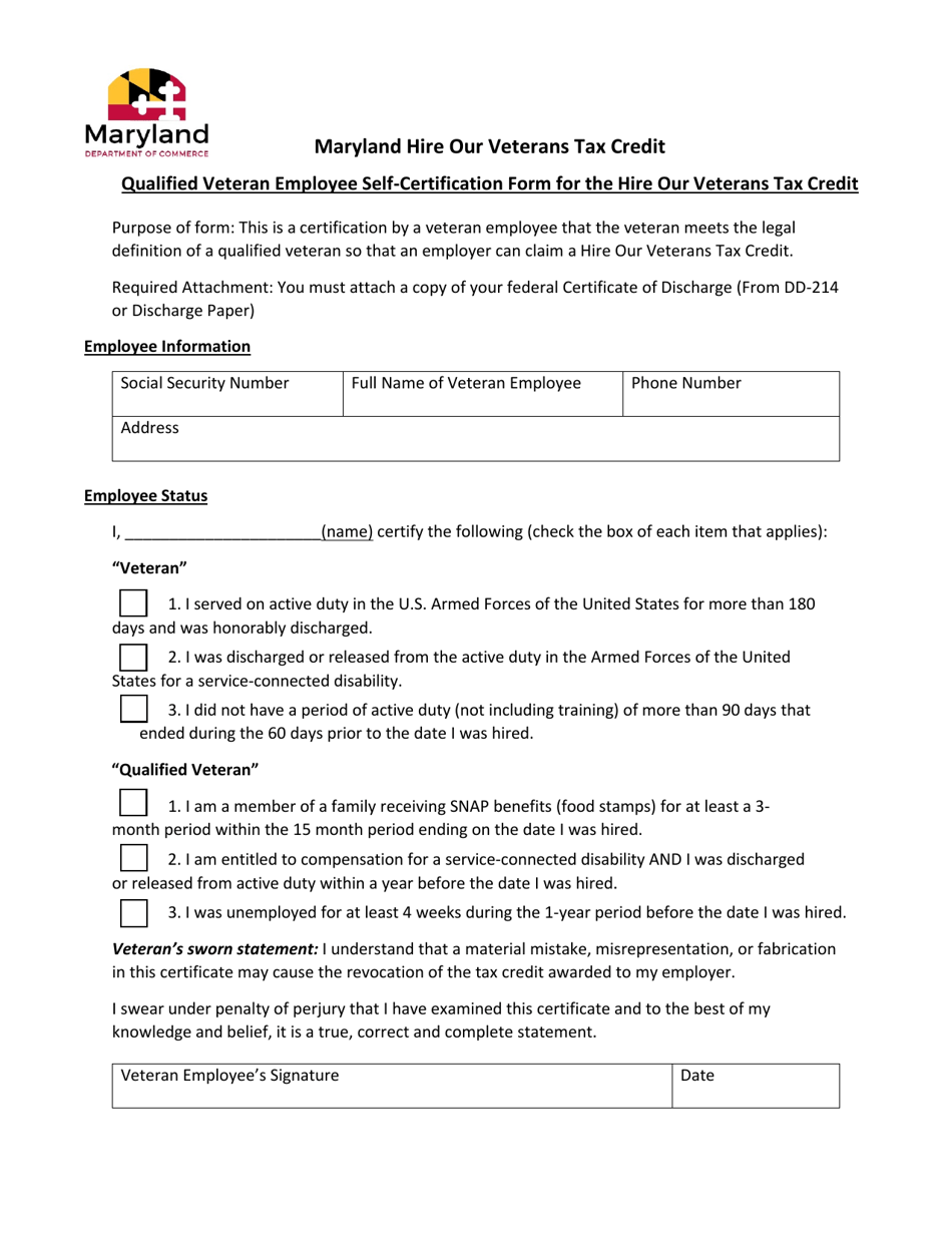 Qualified Veteran Employee Self-certification Form for the Hire Our Veterans Tax Credit - Maryland, Page 1