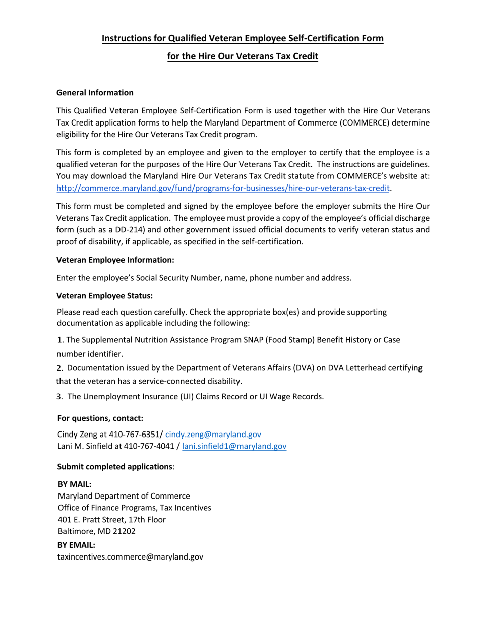 Qualified Veteran Employee Self-certification Form for the Hire Our Veterans Tax Credit - Maryland, Page 2
