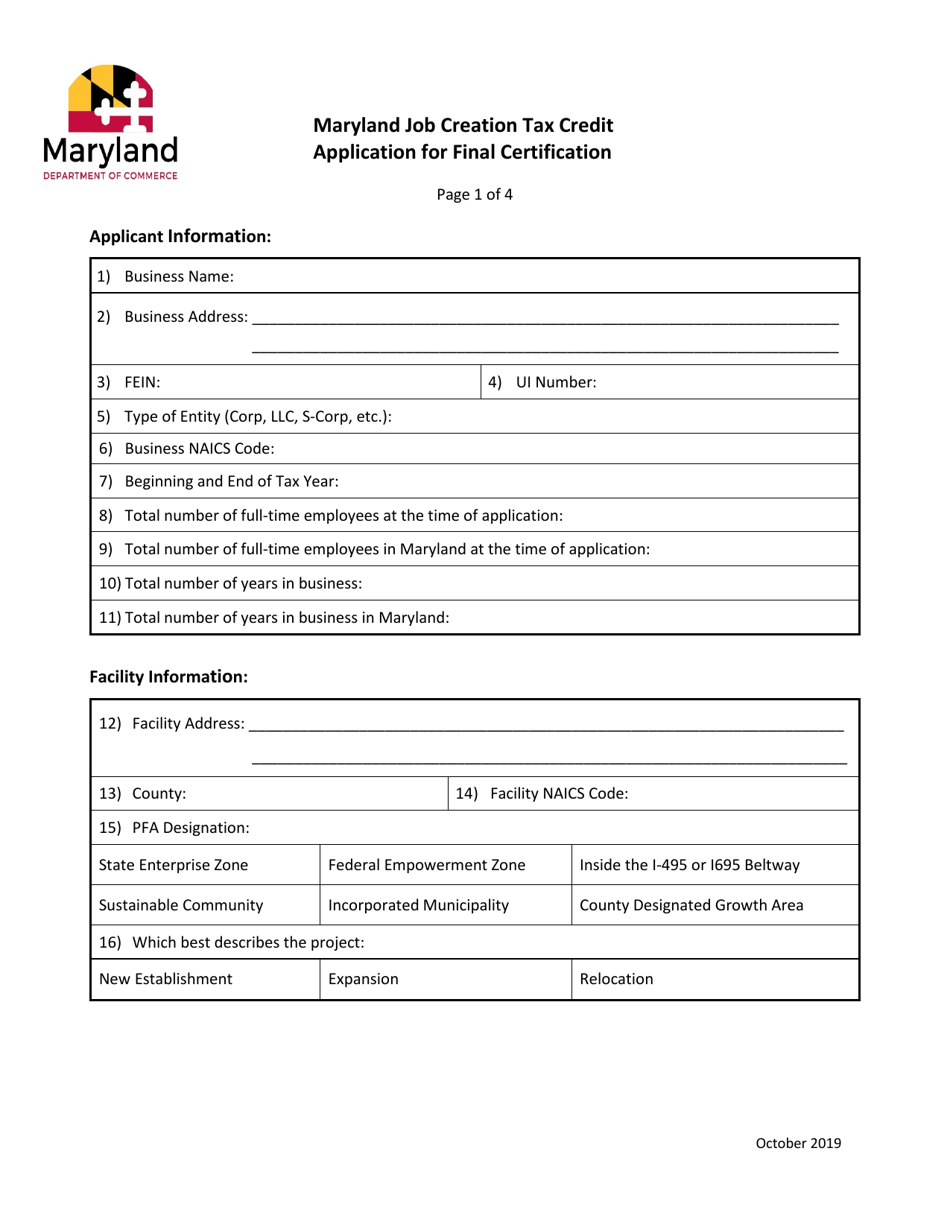Application for Final Certification - Maryland Job Creation Tax Credit - Maryland, Page 1