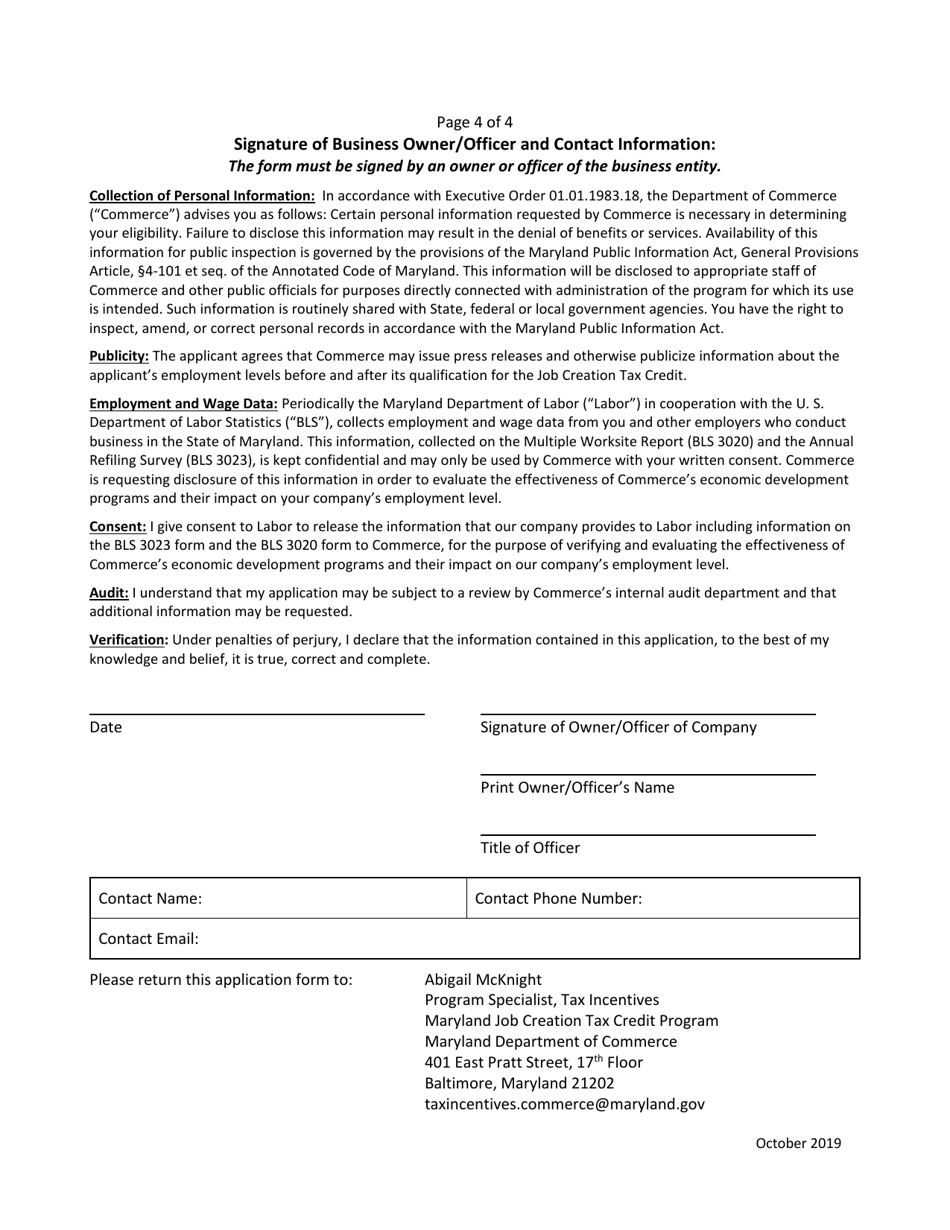 Application for Final Certification - Maryland Job Creation Tax Credit - Maryland, Page 4