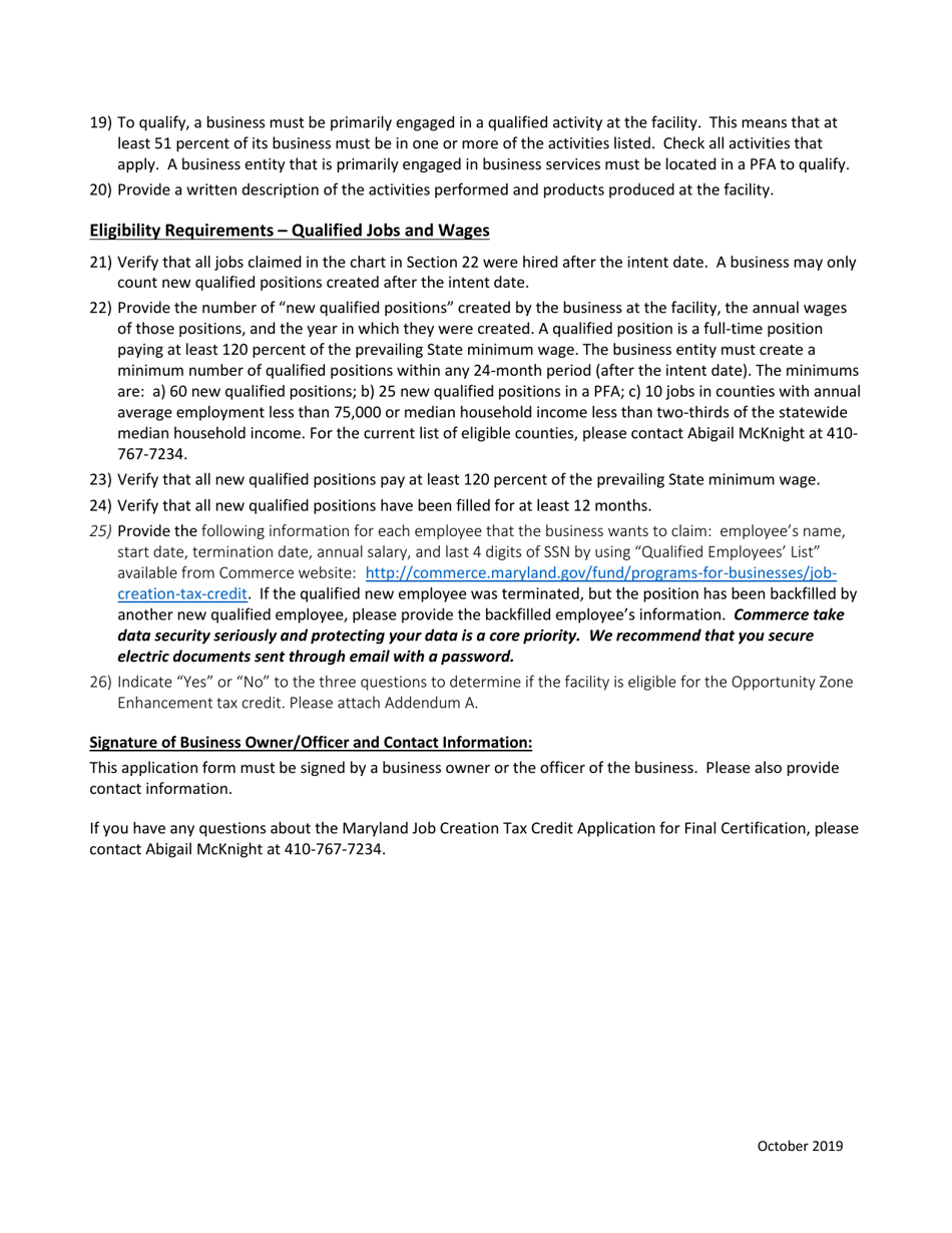 Application for Final Certification - Maryland Job Creation Tax Credit - Maryland, Page 6