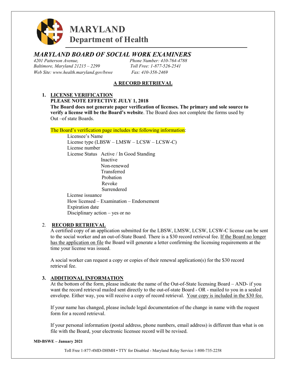 Request for a Record Retrieval - Maryland Board of Social Work Examiners - Maryland, Page 1