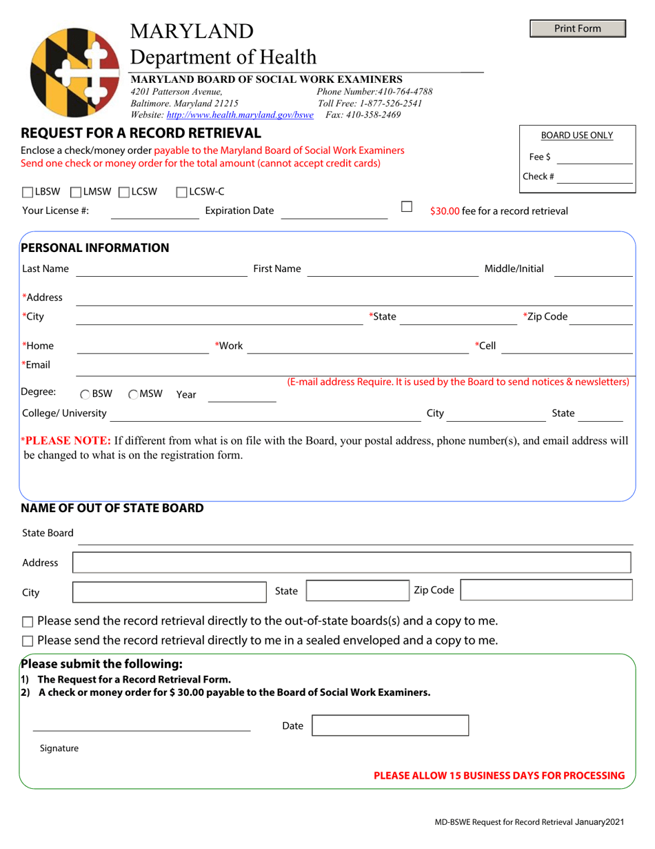 Request for a Record Retrieval - Maryland Board of Social Work Examiners - Maryland, Page 2